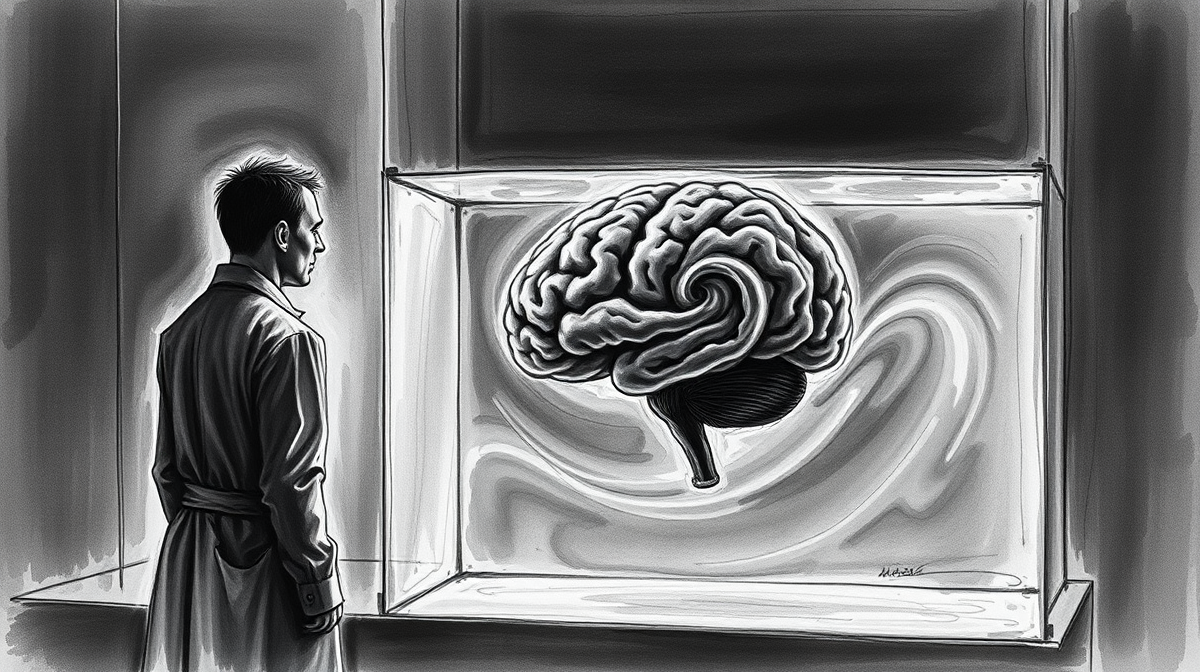 A figure in a lab coat observes a disembodied human brain in a lab setting.