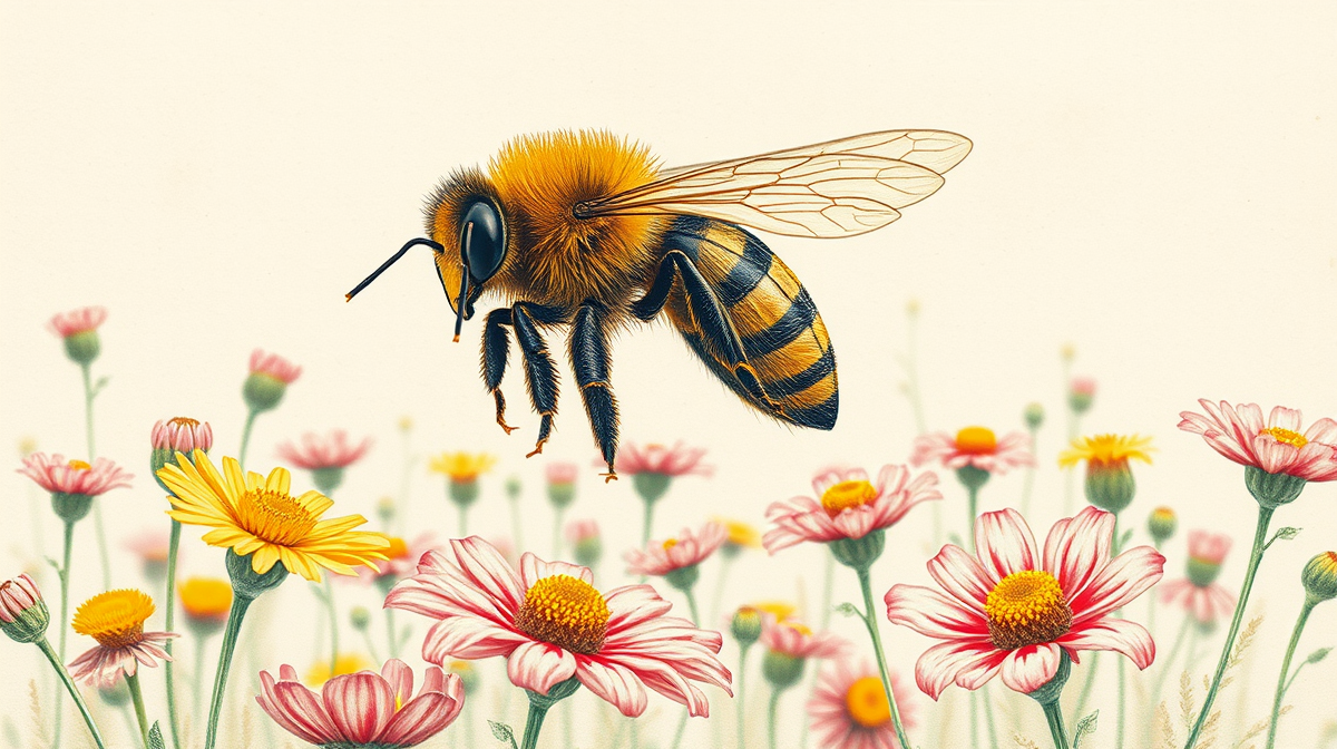 A bee amidst a field of blooming flowers, conveying both the beauty and the potential fear it can inspire.