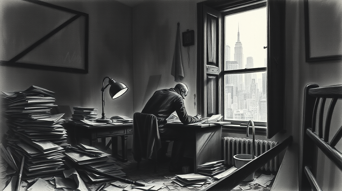 A figure bent over a messy desk in a small room, illuminated by a single broken lamp, with an open window showing a chaotic urban landscape.