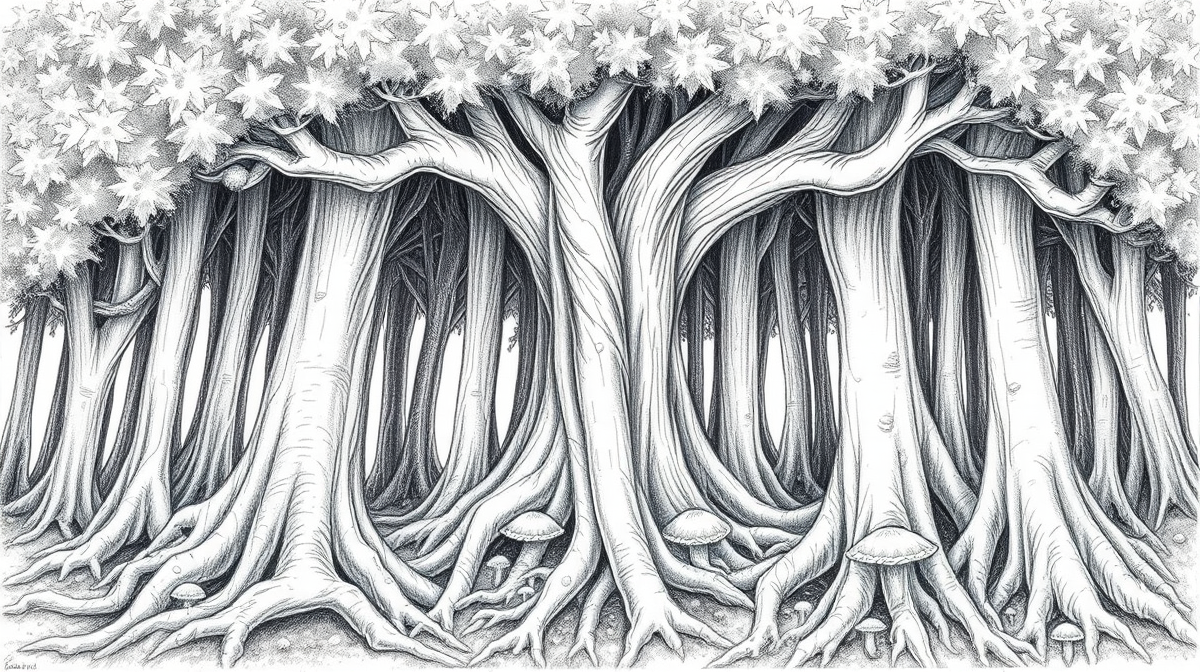 An illustration of a forest's underground network of tree roots and fungi, highlighting the interconnectedness of nature.